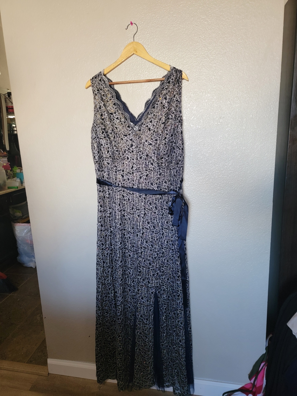 Carole Little Navy Lace Maxi Dress with Satin Sash
